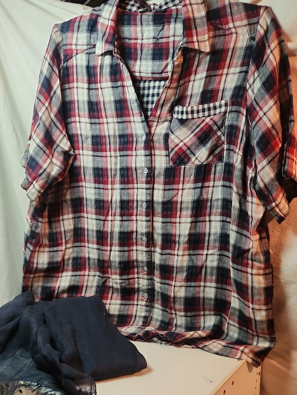 Claire's Red, Blue and White Plaid Button-Up Blouse And Foullard